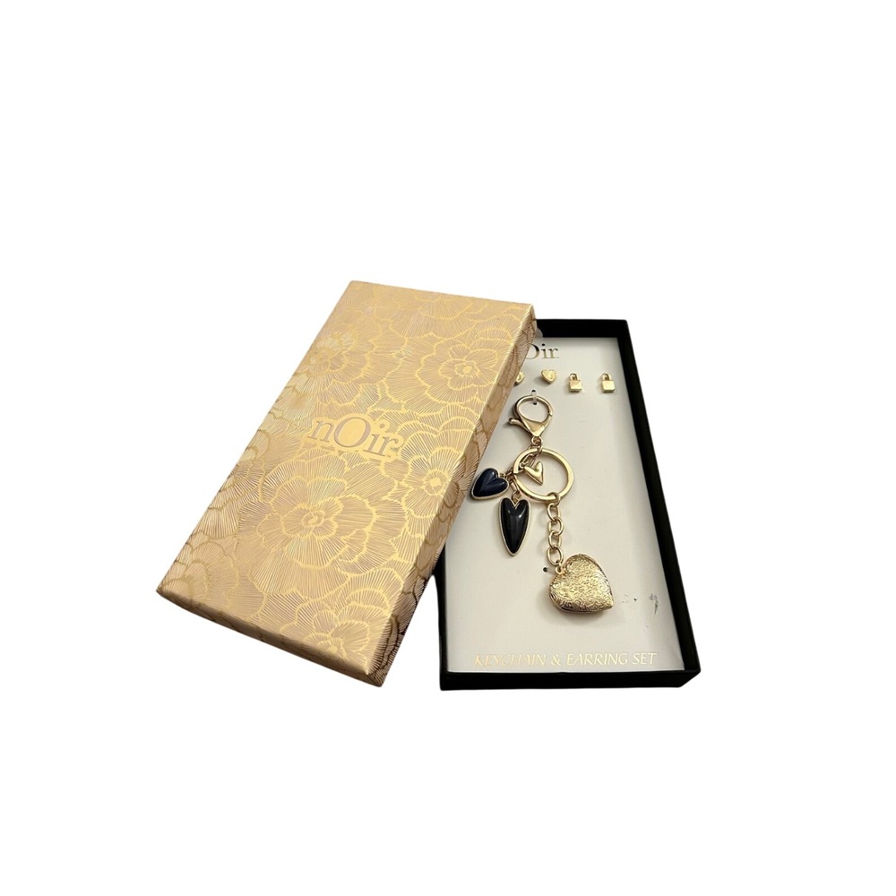 Noir Keychain and Earring Set Gold Tone Heart Charms Black Enamel Star Lock